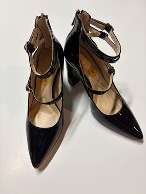 Jessica Simpson Black Patent Mary Jane Strap Block Heel Pumps Sz 8